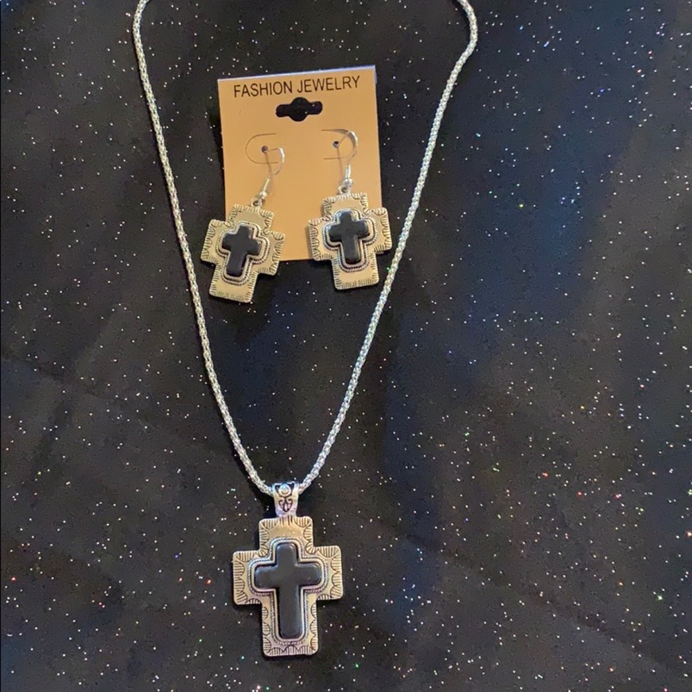 Boho vintage style black silver cross set jewelry